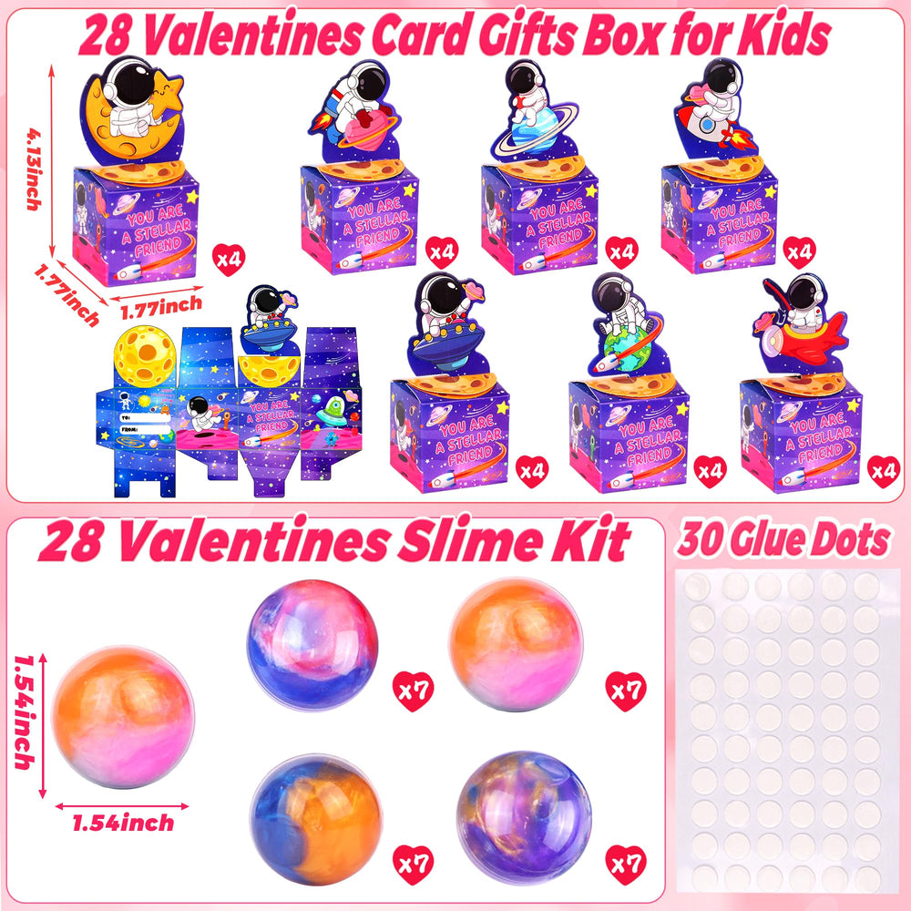 Envotek astronaut Valentine card boxes paired with galaxy slime for kids.