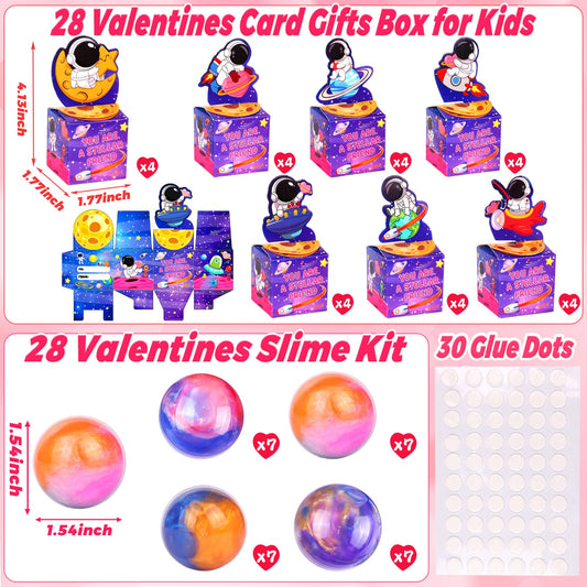 Envotek astronaut Valentine card boxes paired with galaxy slime for kids.
