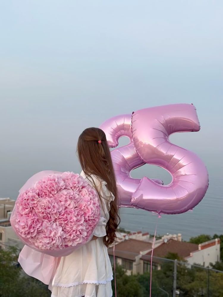 Enyeopd pearl pink number balloons, quick setup for versatile decor.