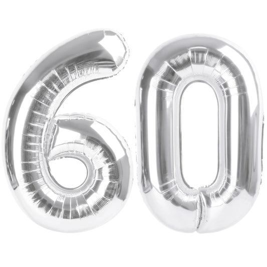 Enyeopd Number 60 balloon 40-inch silver front view for milestone celebrations.
