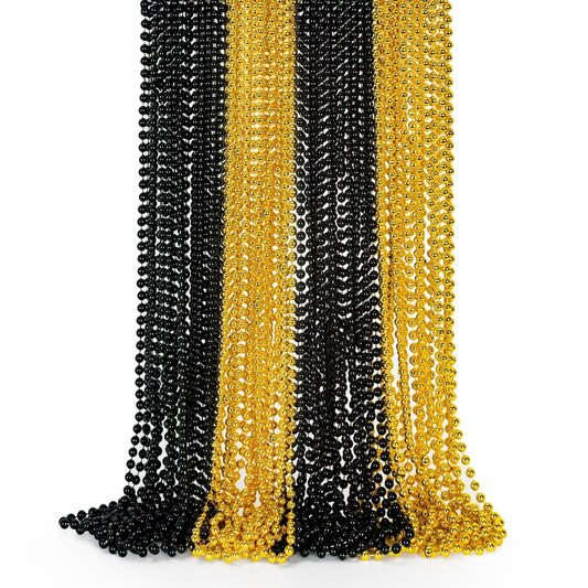 EOBOH 24pcs New Years Eve bead necklaces in black and gold for festive throws and parades