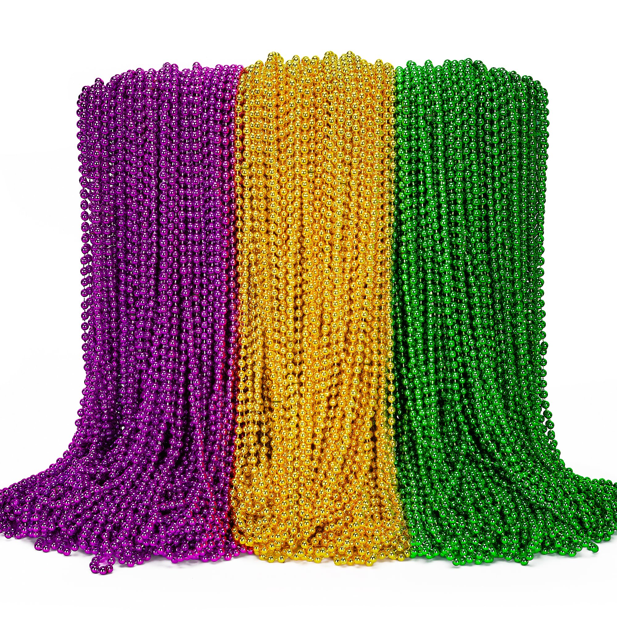 EOBOH Mardi Gras beads green purple gold bulk closeup highlighting vibrant color and durable plastic