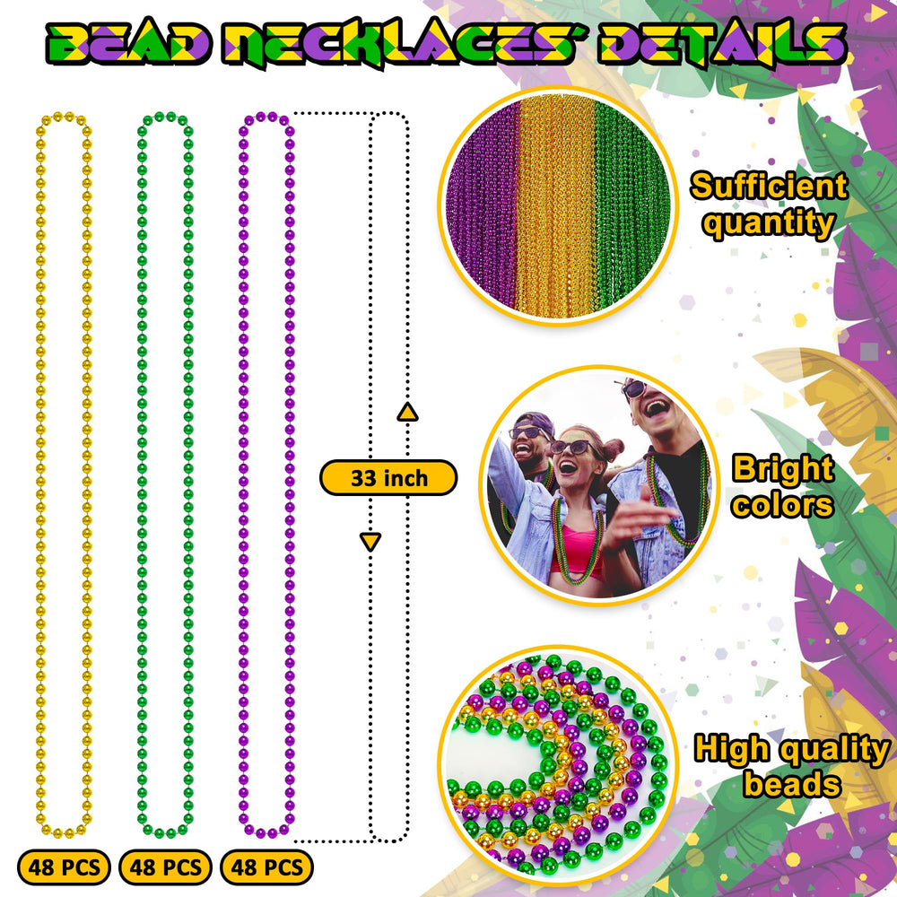 EOBOH Mardi Gras beads bulk strands showing three styles for versatile party throws