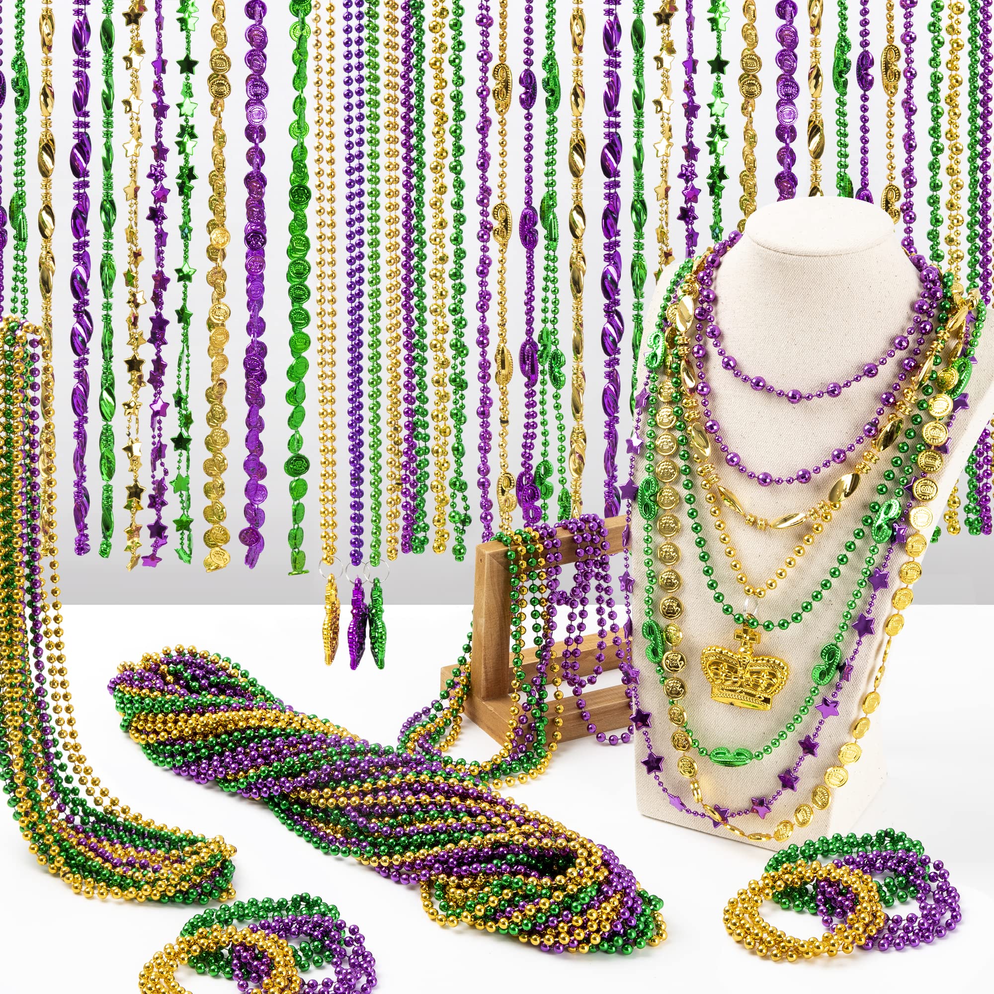 EOBOH metallic Mardi Gras beads close-up showing durable plastic