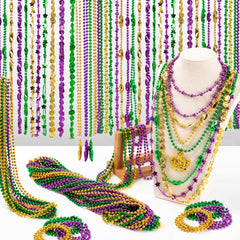EOBOH metallic Mardi Gras beads close-up showing durable plastic