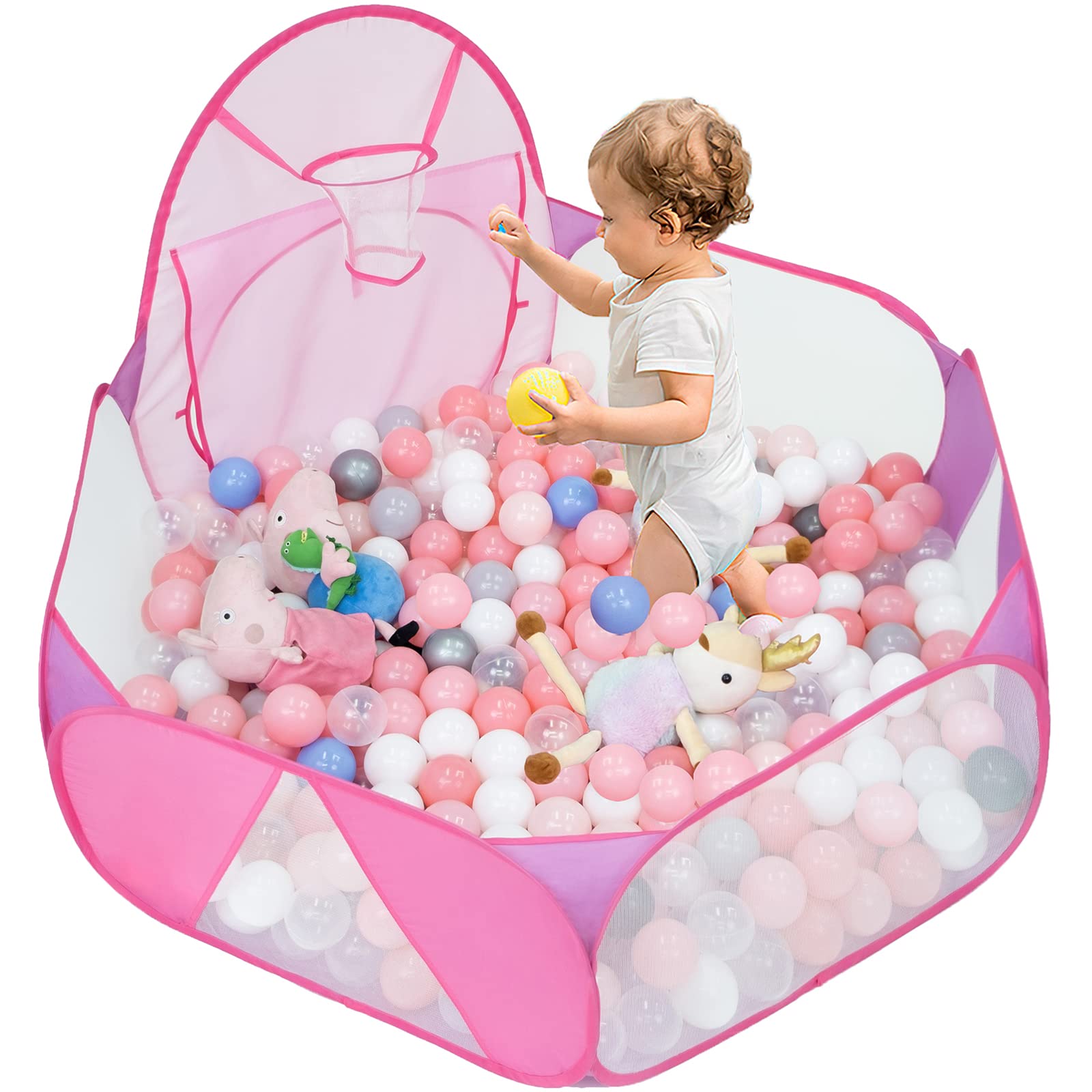 Eocolz pink ball pit with basketball hoop encourages active, cooperative play.