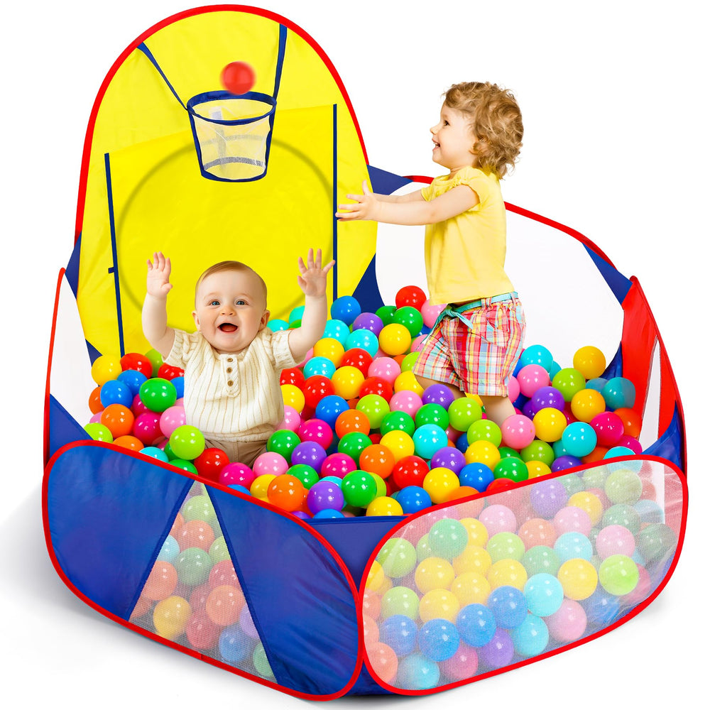 Eocolz Kids Ball Pit blue-yellow-red open tent for quick indoor play.