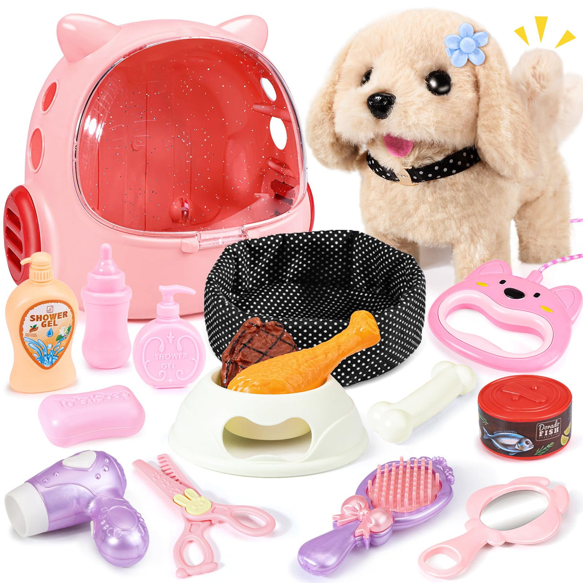 Eohemeral 23-Pcs walking dog toy with backpack ready for outdoor adventures
