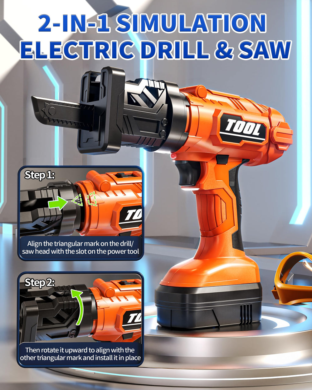 Eohemeral electric drill two-in-one design with safe sounds for imaginative projects.