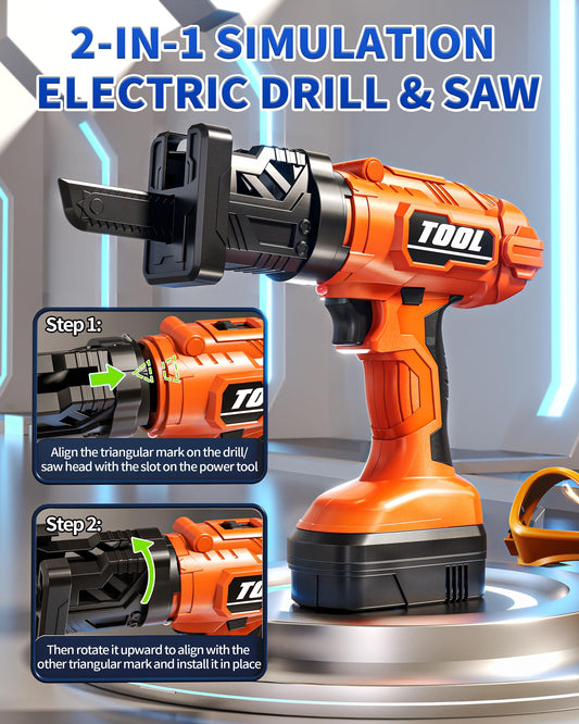 Eohemeral electric drill two-in-one design with safe sounds for imaginative projects.