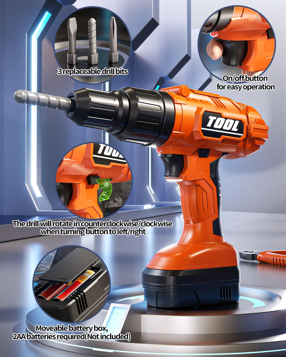 Eohemeral electric saw head for authentic pretend building with the drill.