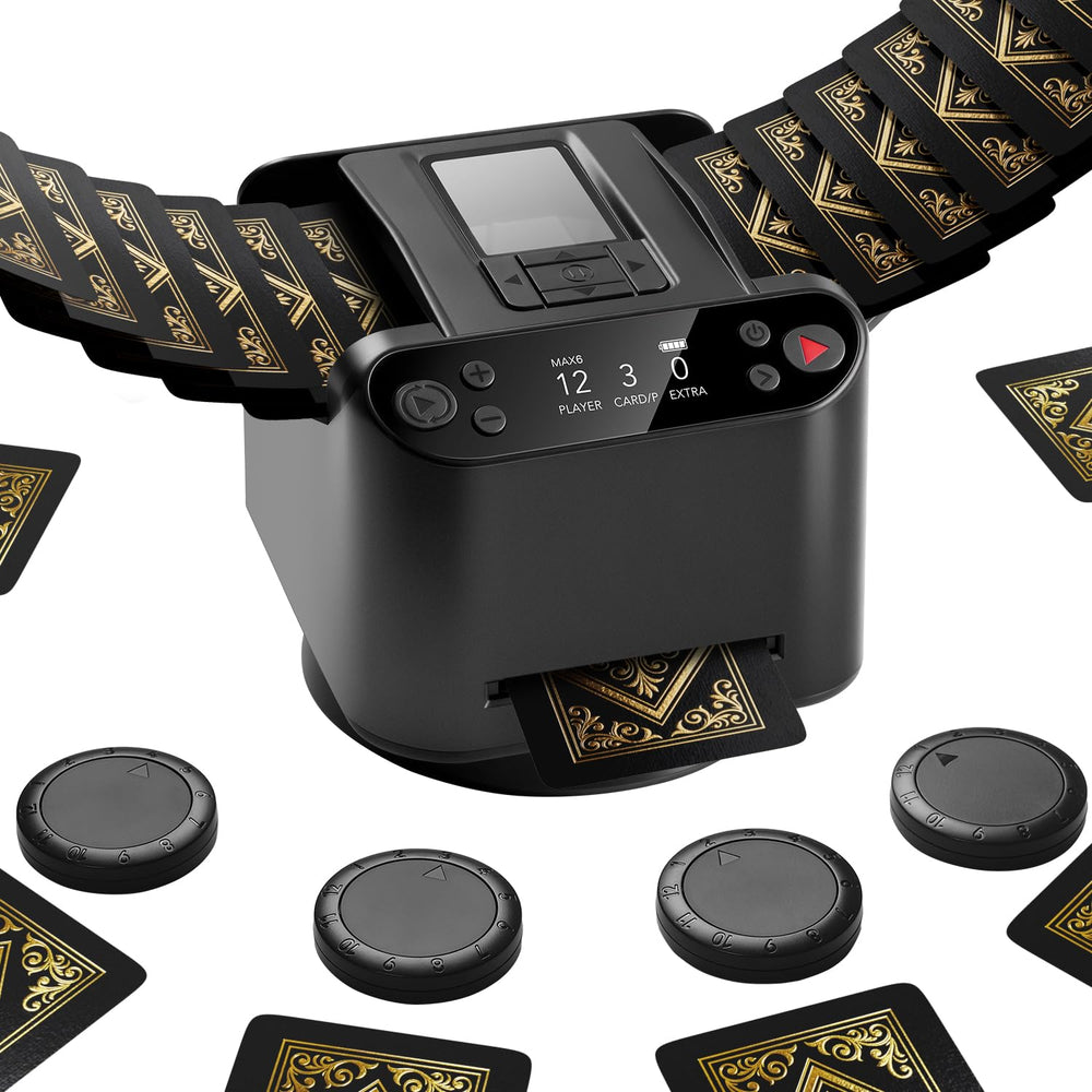 Eolzzi Black Pro shuffler front view delivers rapid hands-free card dealing.