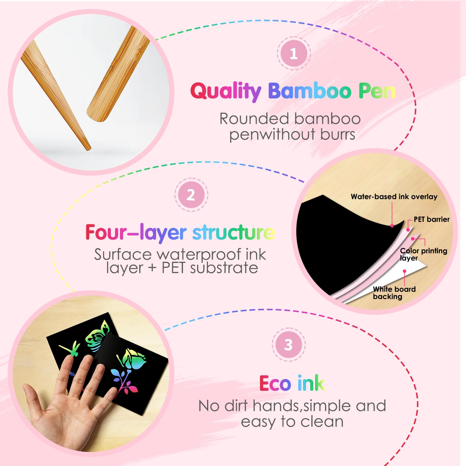 Eommmgl-180 Rainbow Scratch Paper Set templates offer guided fun for young artists.