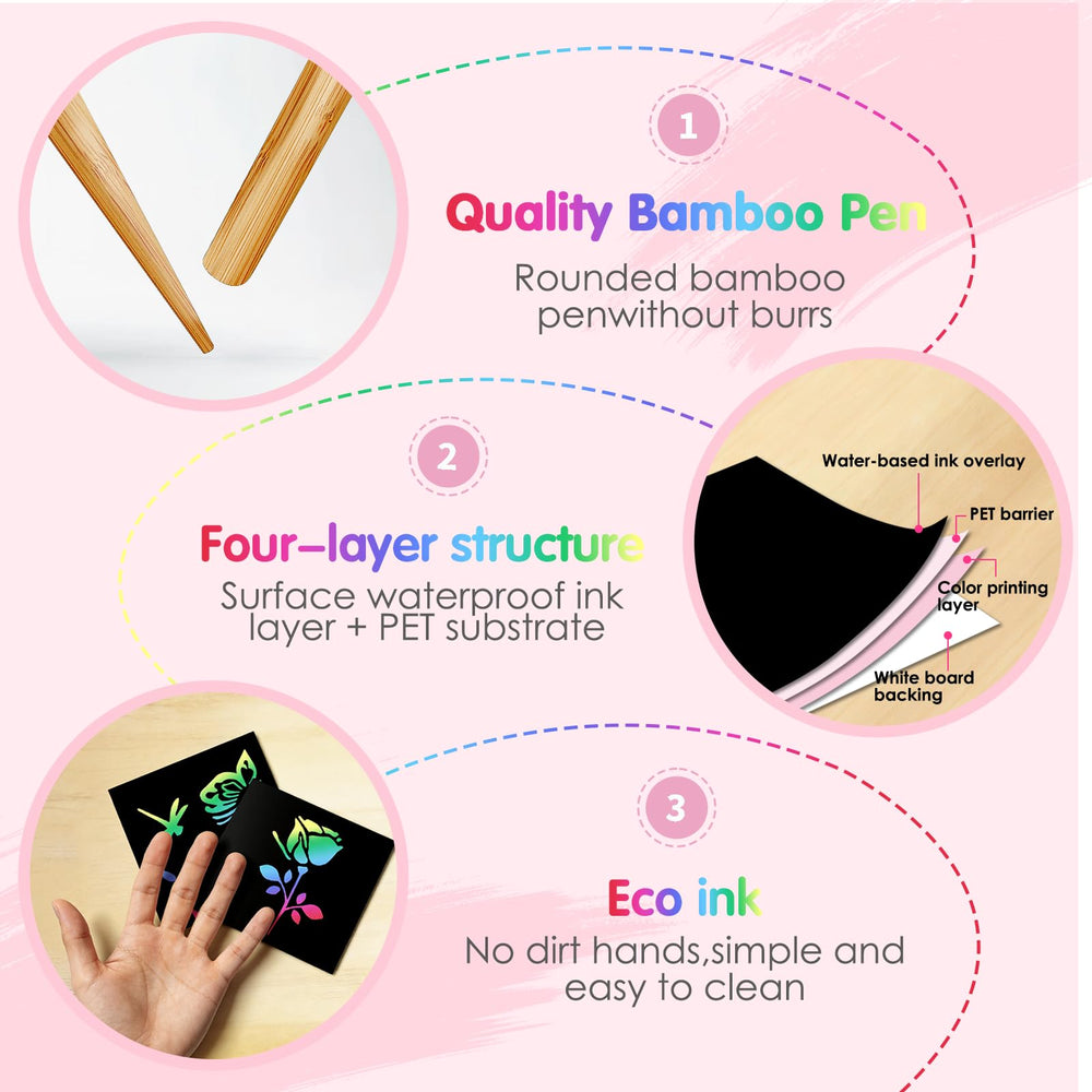Eommmgl-180 Rainbow Scratch Paper Set templates offer guided fun for young artists.