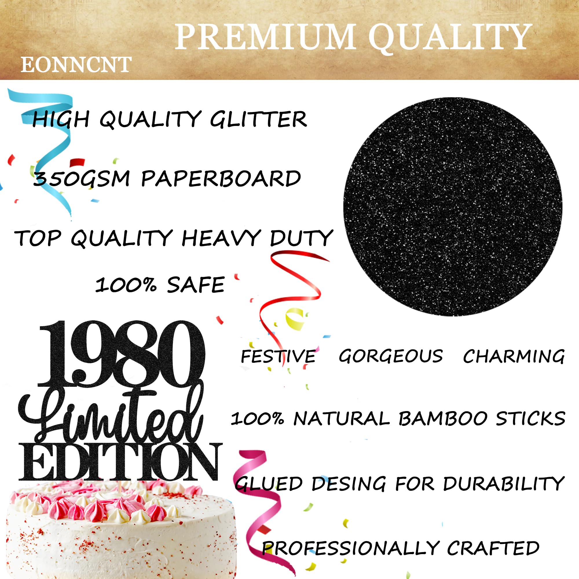 EONNCNT black glitter topper on multi-layer cake creates a focal point.