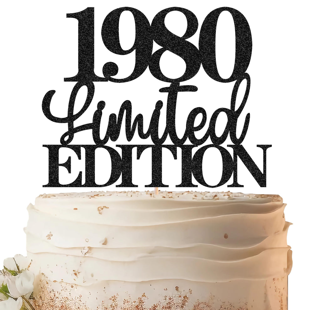 EONNCNT Limited Edition 1980 cake topper in black glitter decorates an elegant 46th birthday cake.