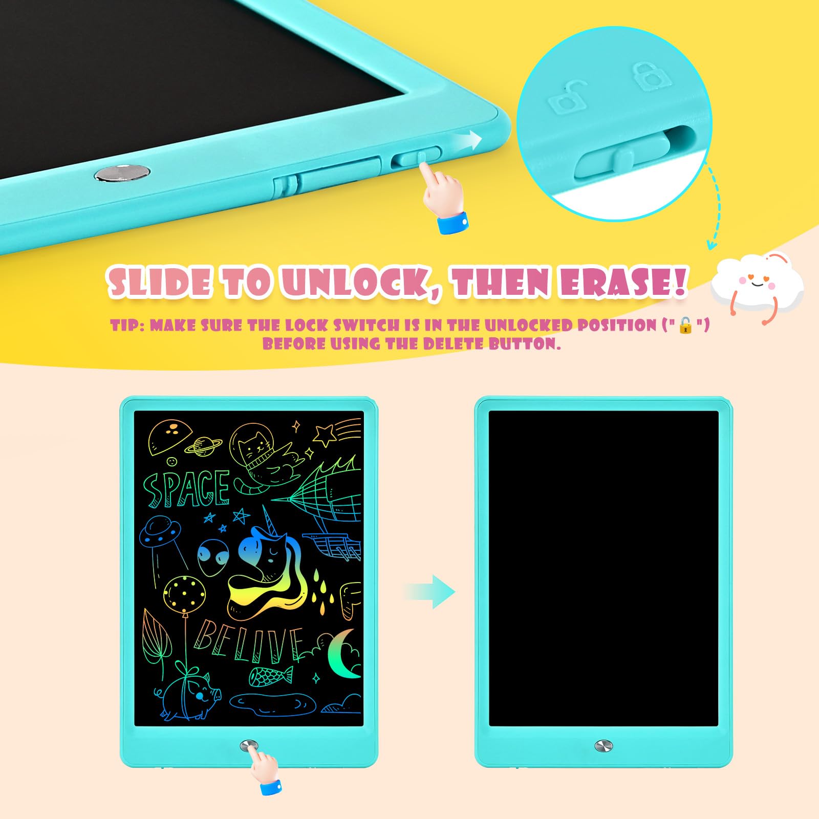 EooCoo erase button clears the screen in an instant for a fresh start