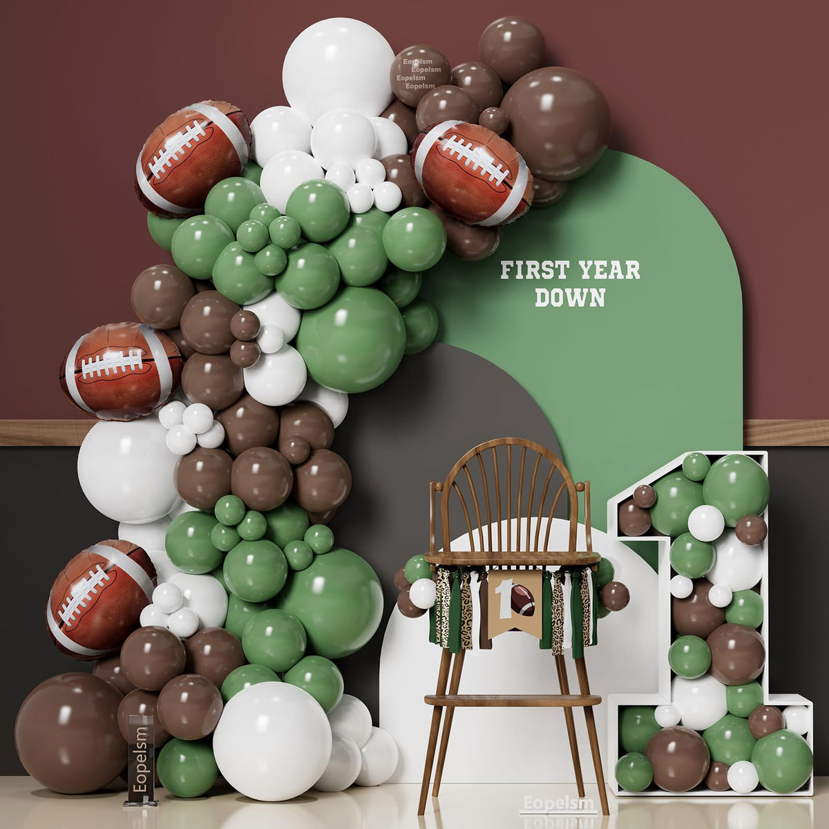 Eopelsm football balloon arch kit in sage green and coffee brown for a game day backdrop