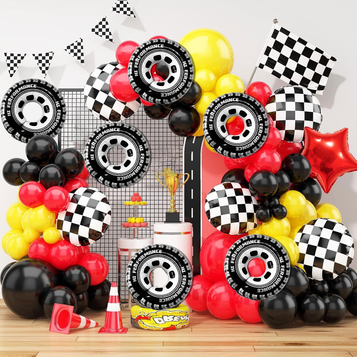 Eostankr racing wheels party decor closeup highlights metallic shine