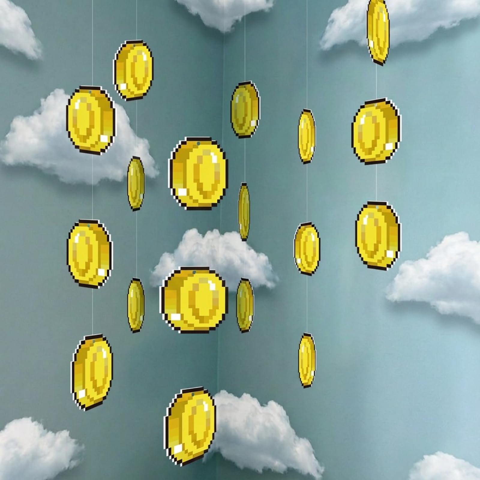 Epakh gold coin hanging decoration for video game parties, 15 cm diameter.