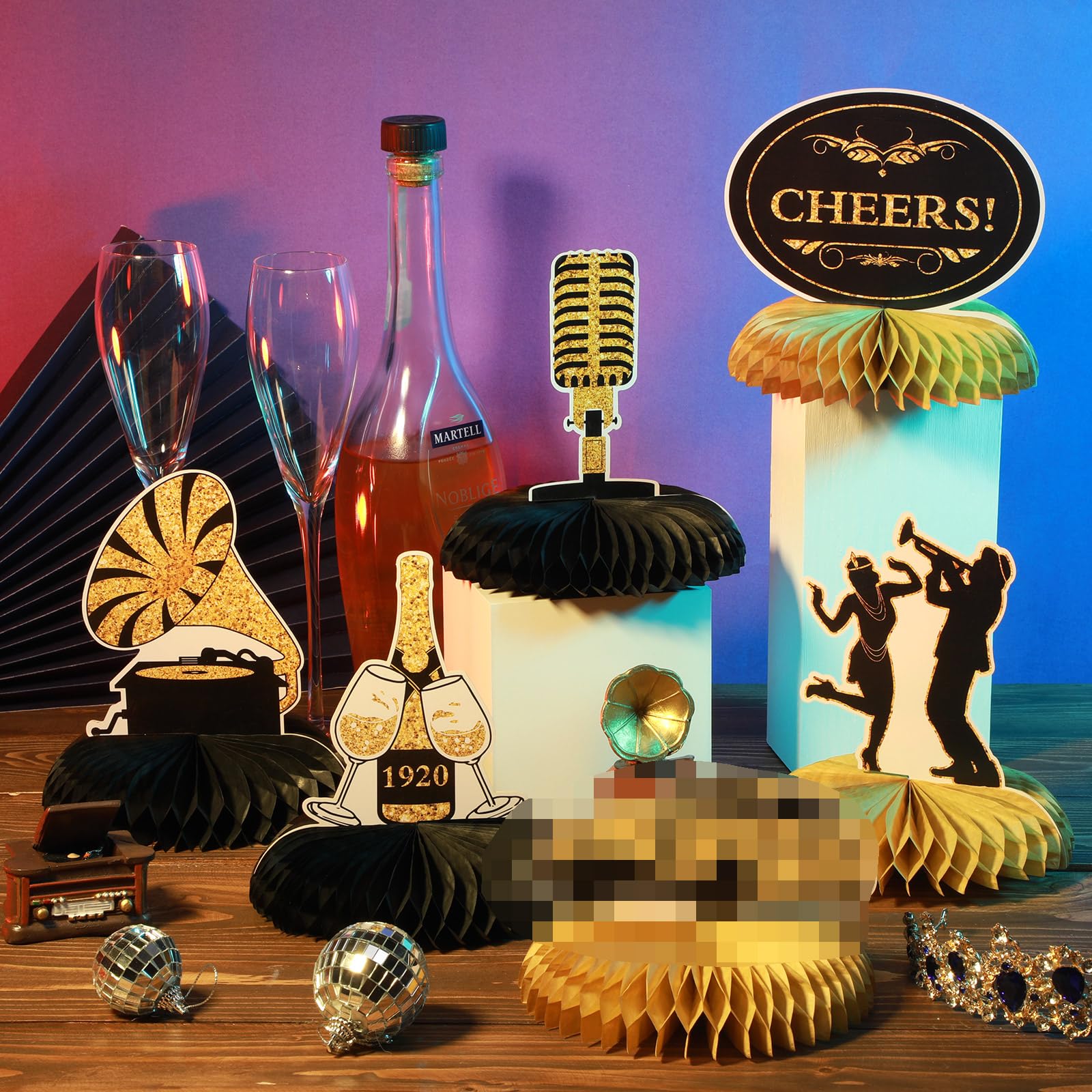 Epakh gold-base centerpiece shines under warm lighting for speakeasy events