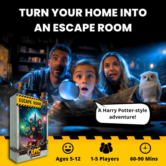 EPIC ENIGMAS Harry Magic Escape Room game pieces spark curiosity and teamwork.