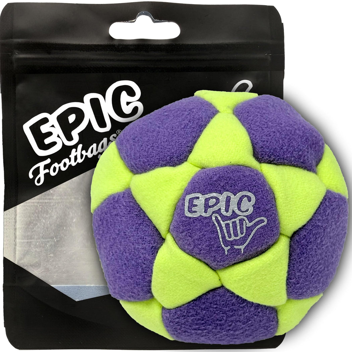 Epic Footbags Classic suede foot bag side view, durable grip for stalls.
