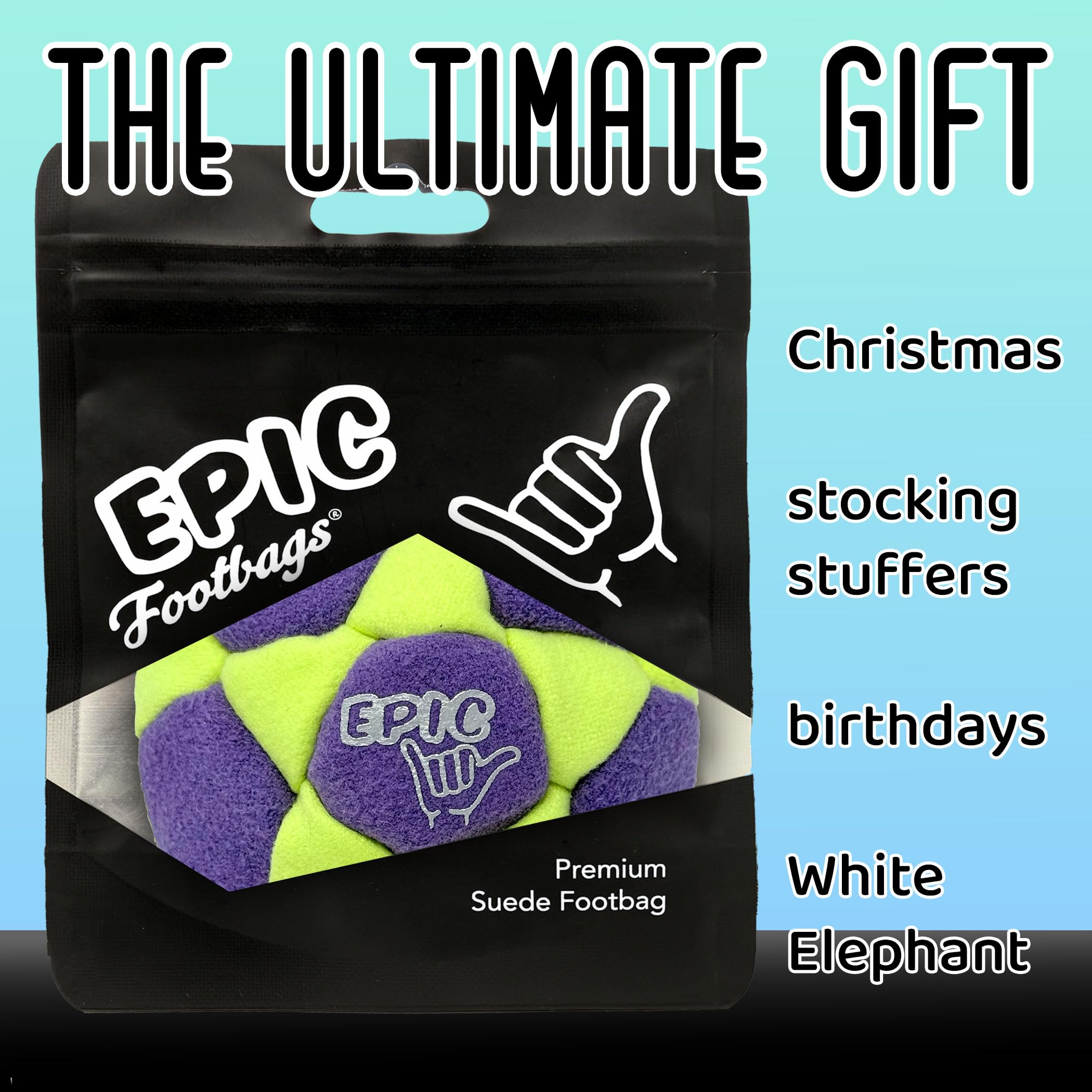 Epic Footbags Classic suede foot bag top view, soft, grippy texture.