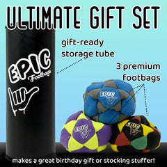 Epic Footbags Deluxe in radioactive hues, vibrant outdoor practice