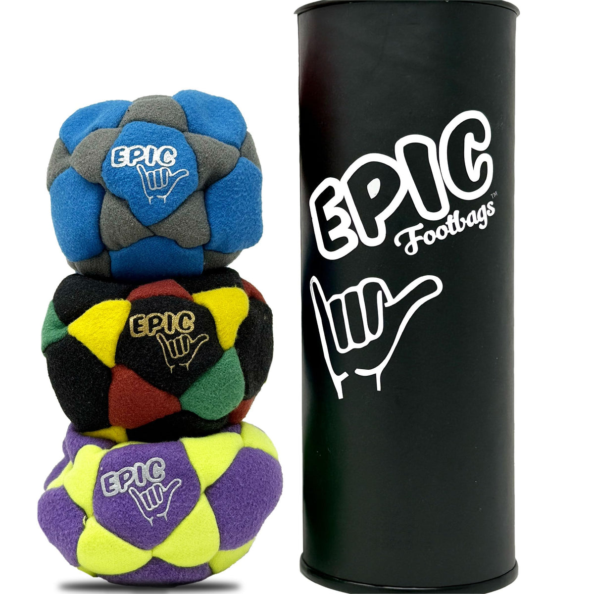 Epic Footbags Deluxe gift set in tidal-storm colors, portable for on-the-go play