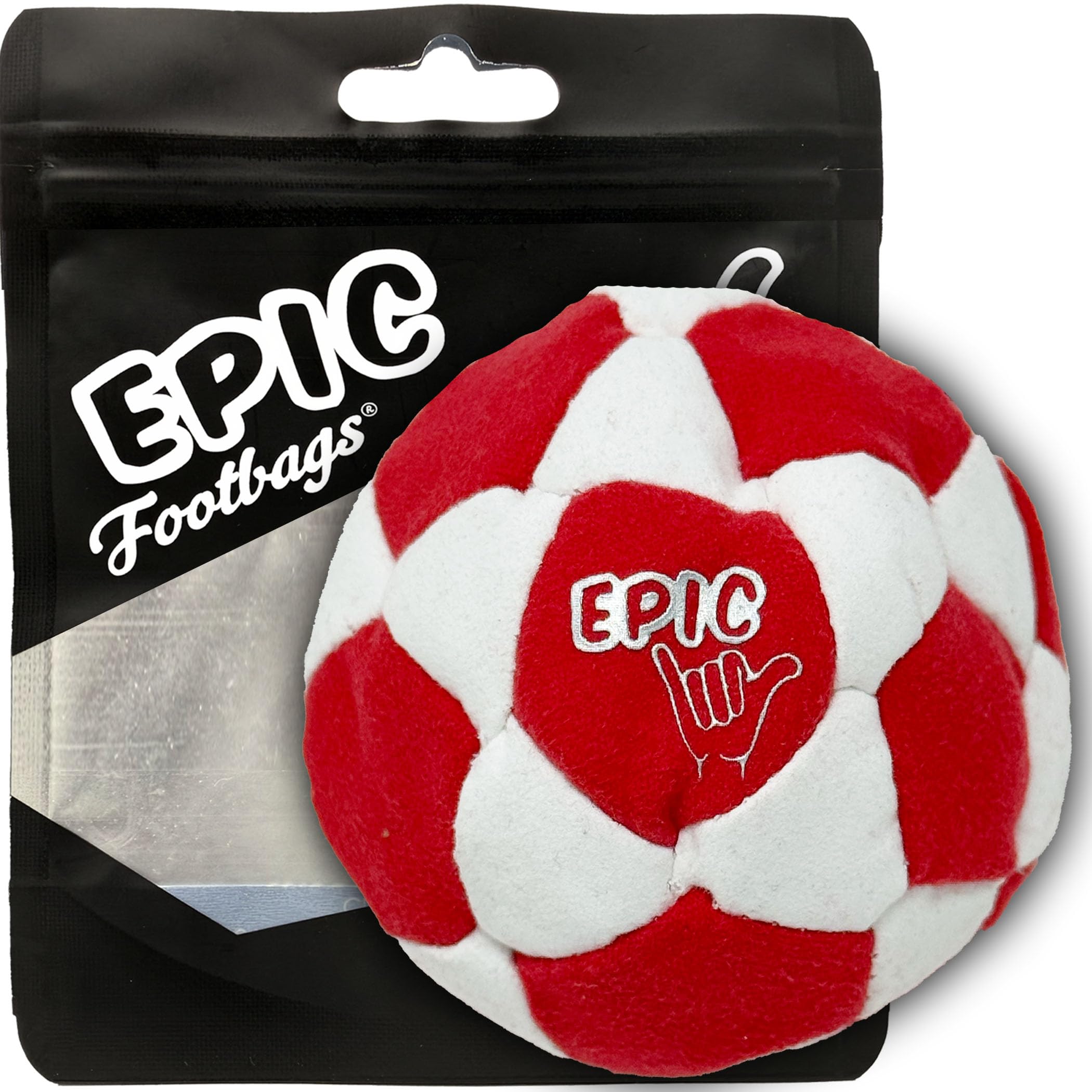 Epic Footbags Deluxe 32-panel suede foot bag in white and red ready for kicks