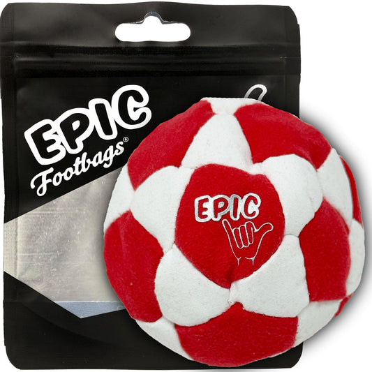 Epic Footbags Deluxe 32-panel suede foot bag in white and red ready for kicks