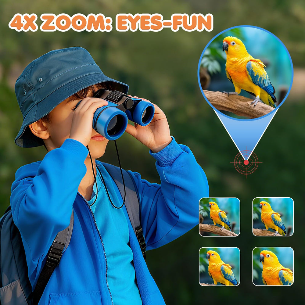 EPIMA binoculars in backyard scene highlight lightweight, kid-friendly design.
