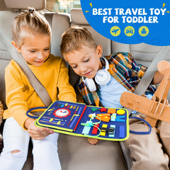 EPIMA Busy Board travel friendly design with handles and pocket for on the go play.