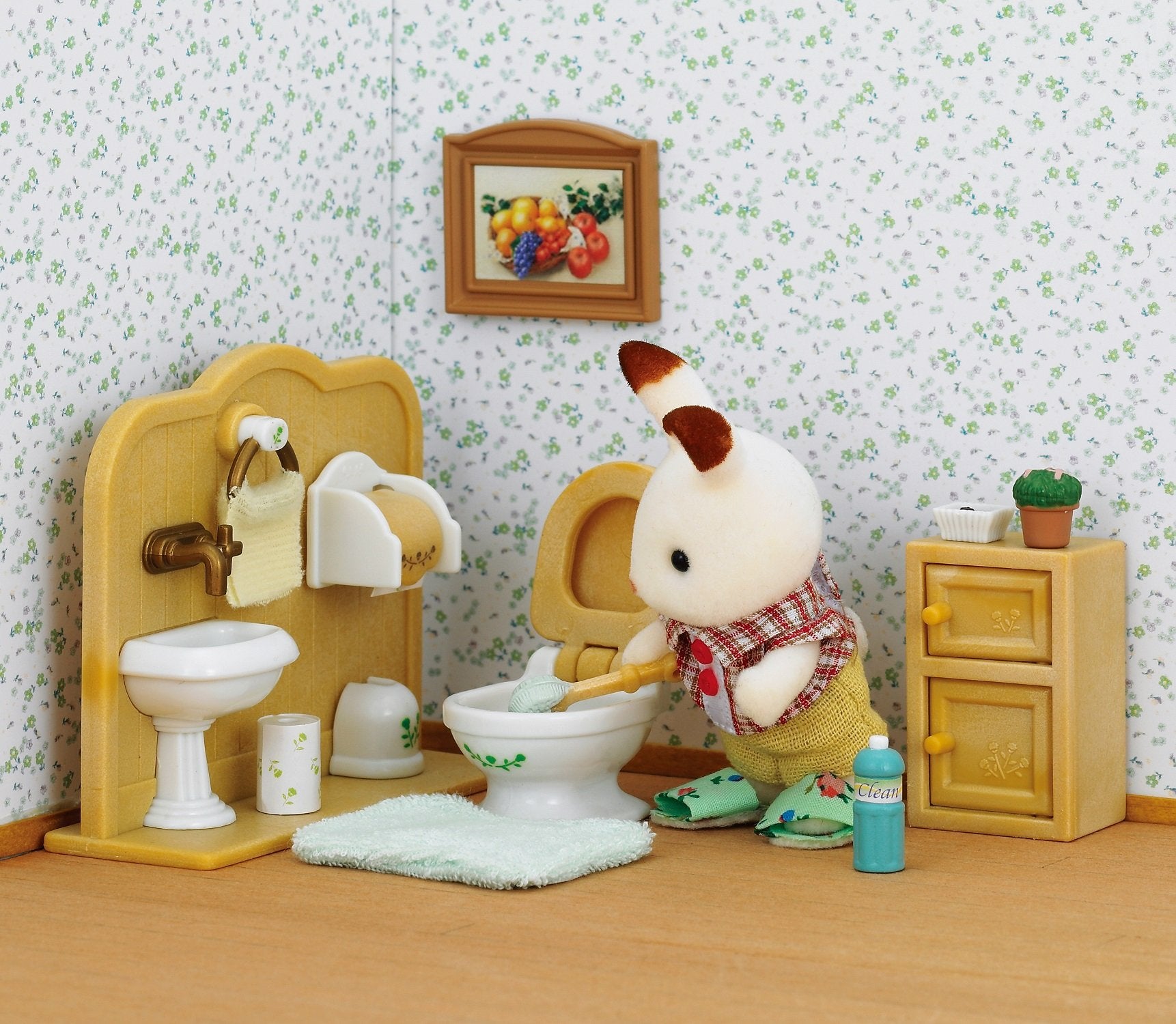 Epoch Sylvanian DF-09 chocolate rabbit boy figure with matching furniture for storytelling
