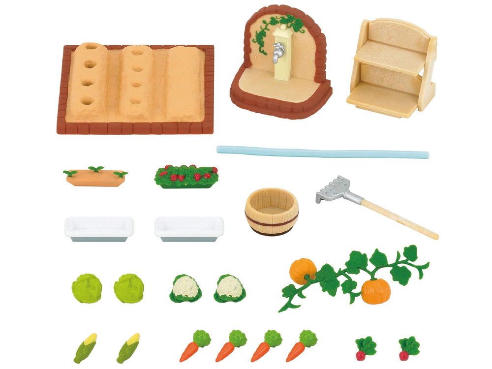 Epoch Sylvanian Vegetable Gardening Set shows carrots, dumplings, crunchies for creative storytelling
