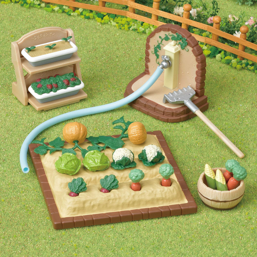 Epoch Sylvanian Vegetable Gardening Set brick-field detail enhances display-ready mini garden