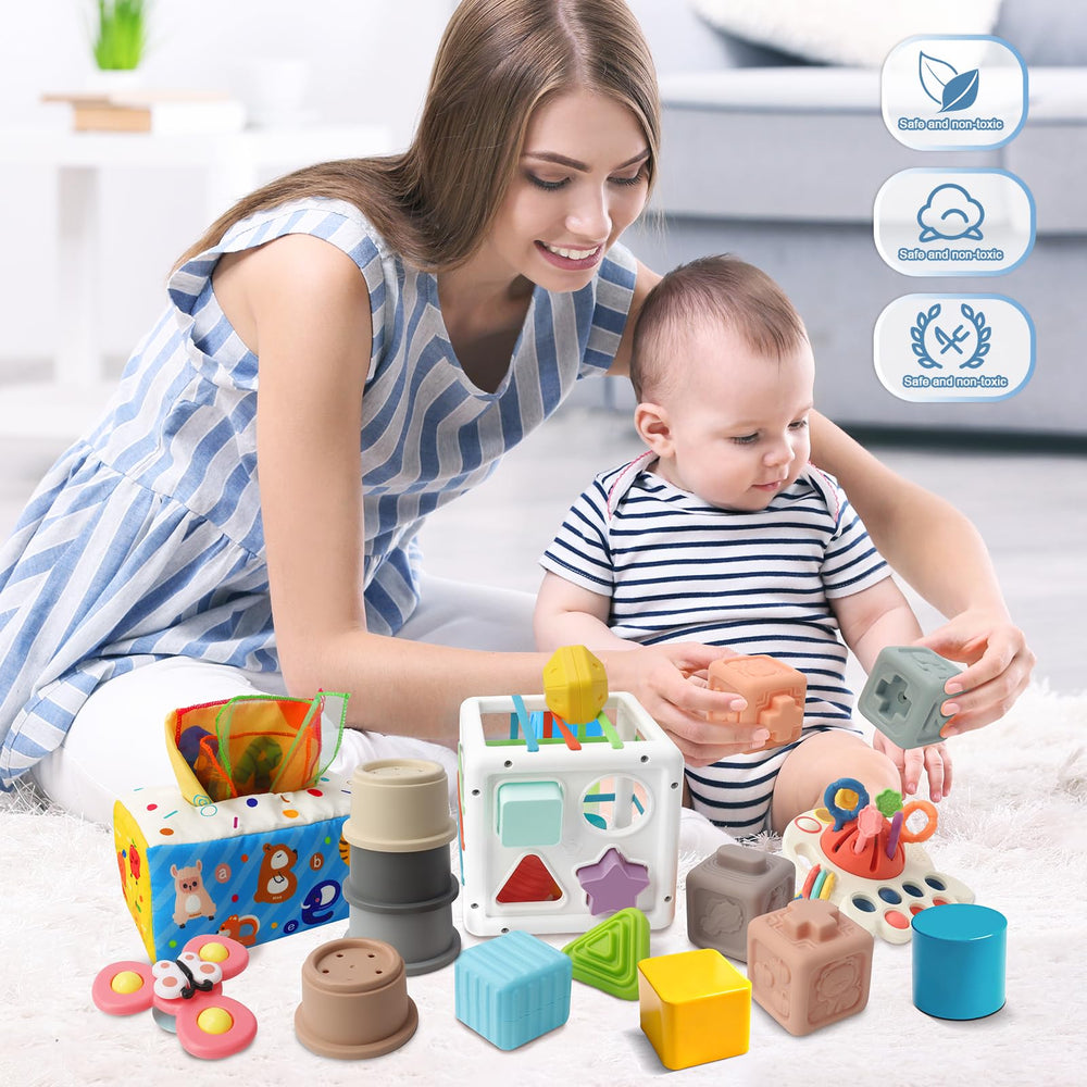 Epogg baby tissue box toy features bright colors to enhance fine motor and sensory development.
