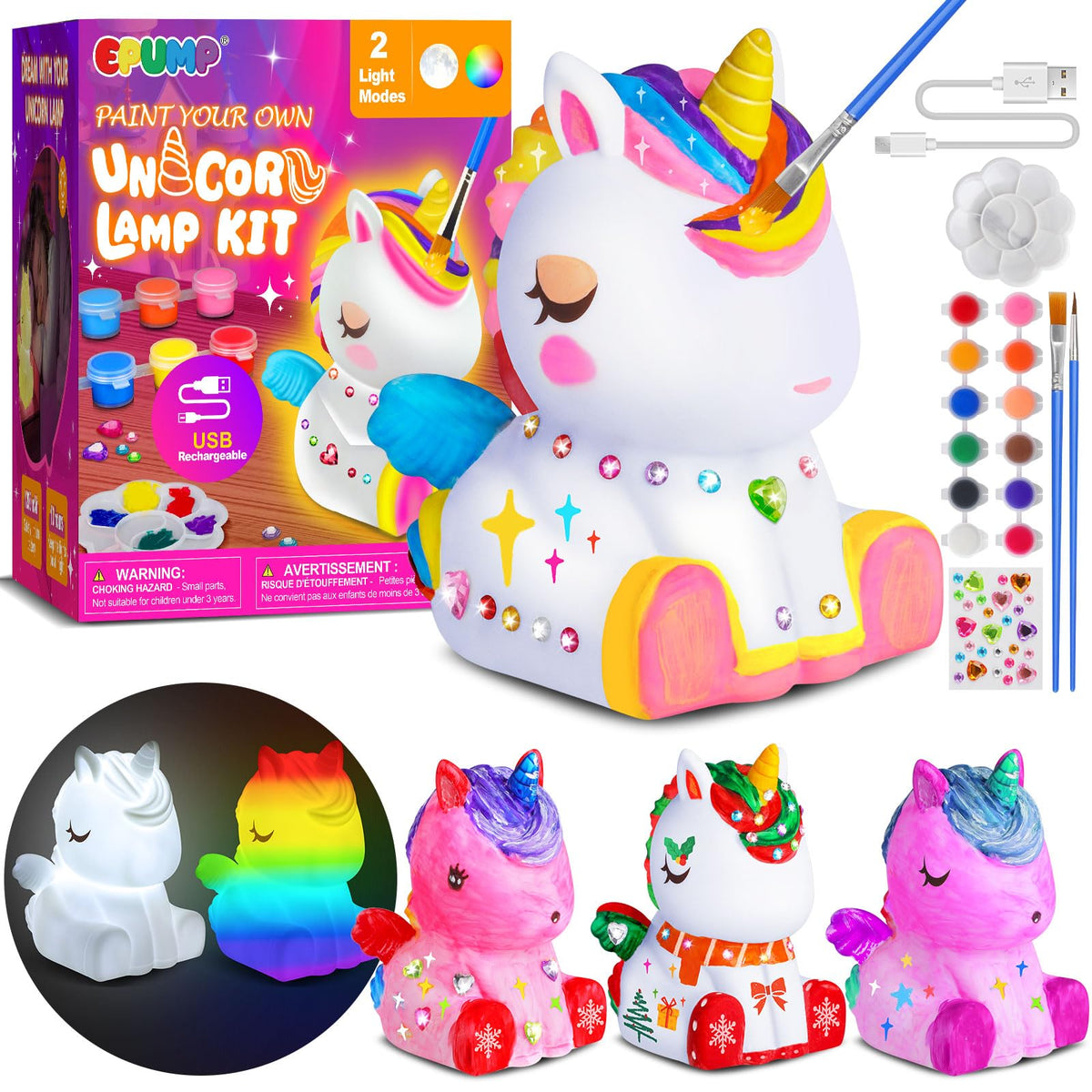 EPUMP Paint Your Own Unicorn Lamp Kit painting session with vibrant paints
