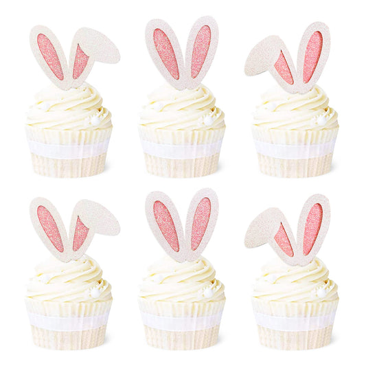 Ercadio Easter bunny ear cupcake topper with glitter pink accents for decorative desserts