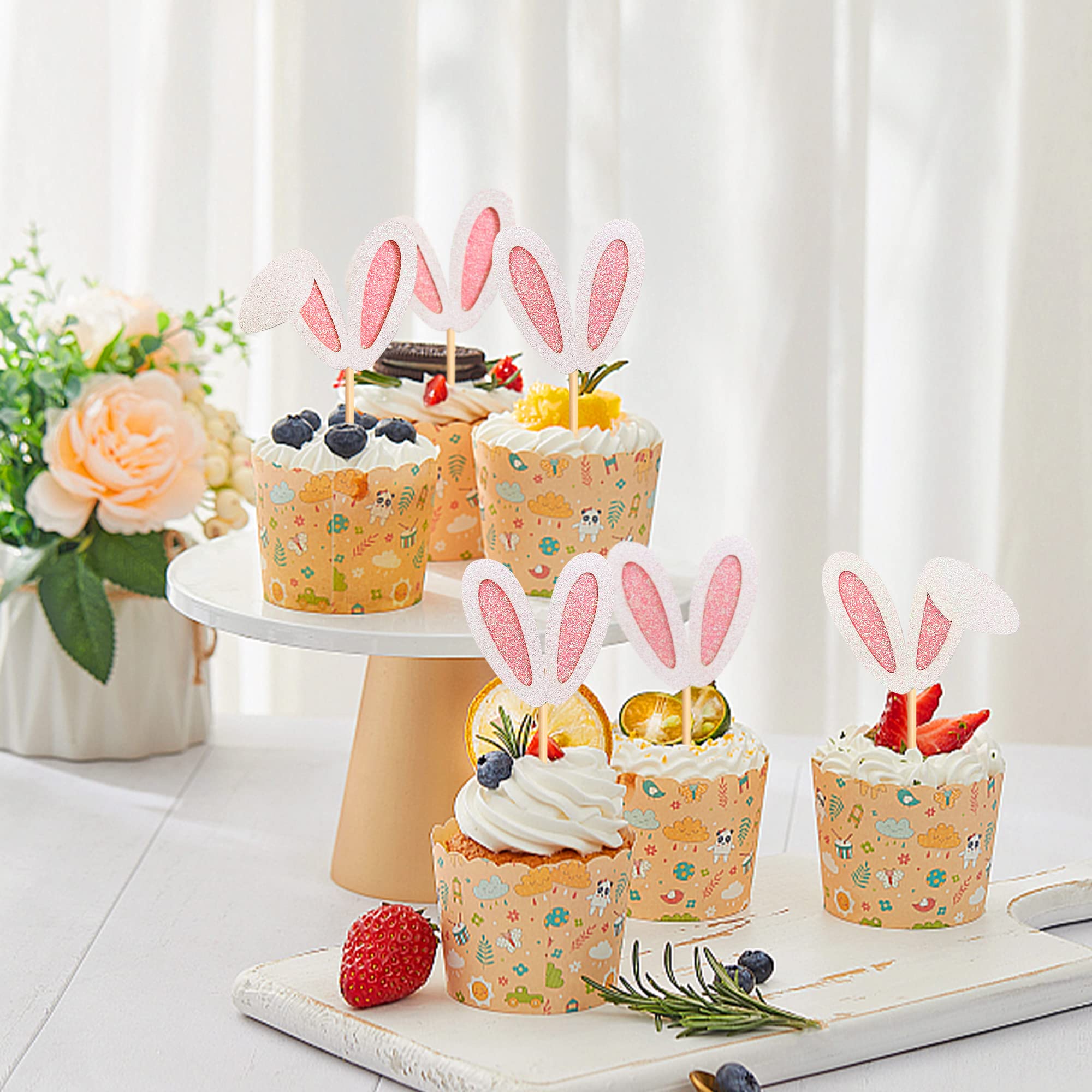 Ercadio Easter Bunny Ear Cupcake Toppers for party decorations and snacks