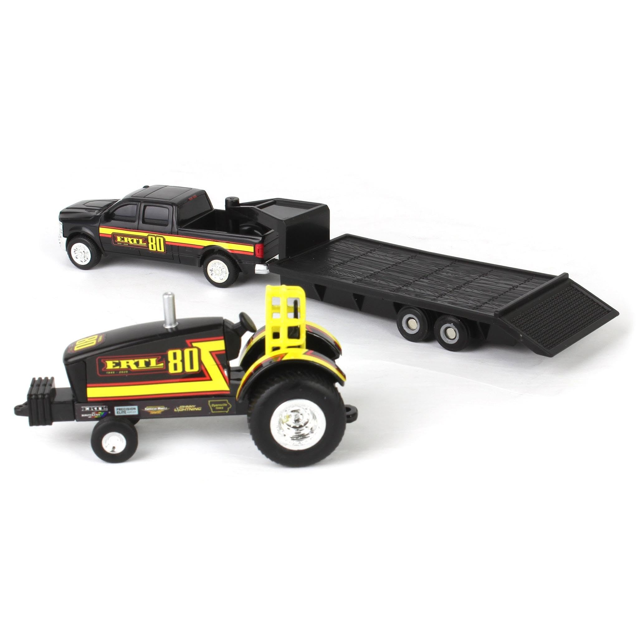 ERTL 1/64 plastic truck and trailer built for durability.