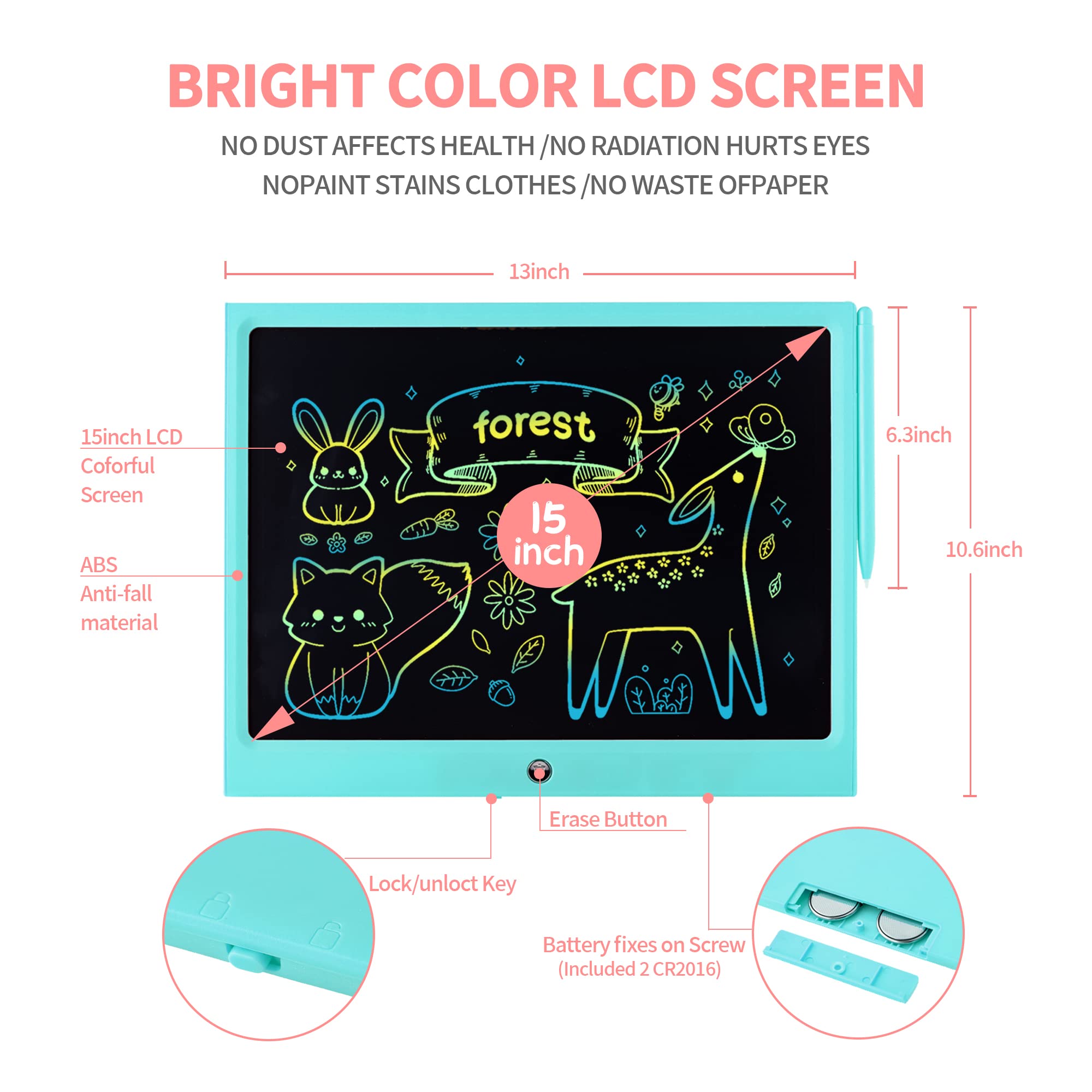ERUW 15-inch color LCD screen bright and kid-friendly for young artists