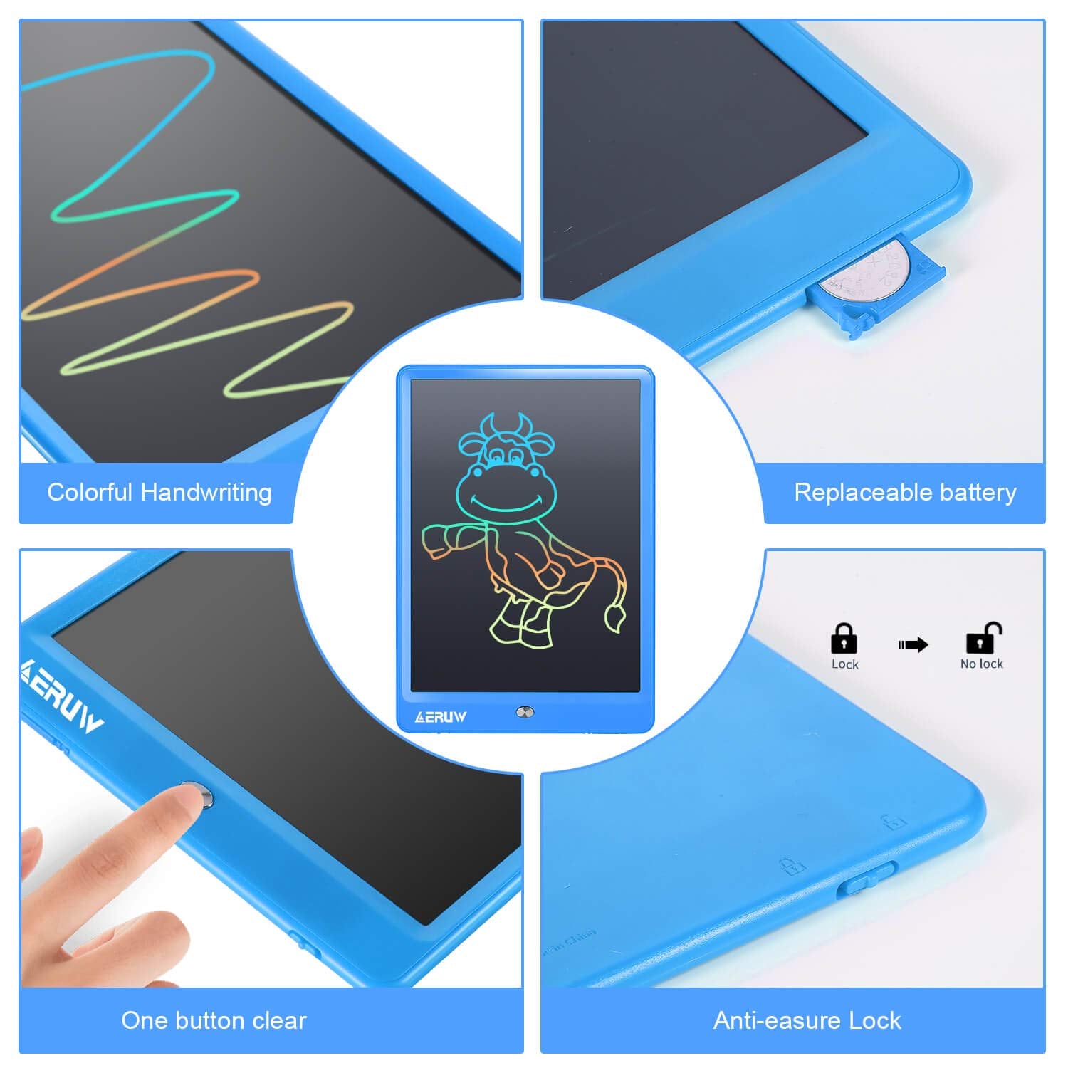 ERUW memory lock feature on blue tablet prevents accidental erasing.
