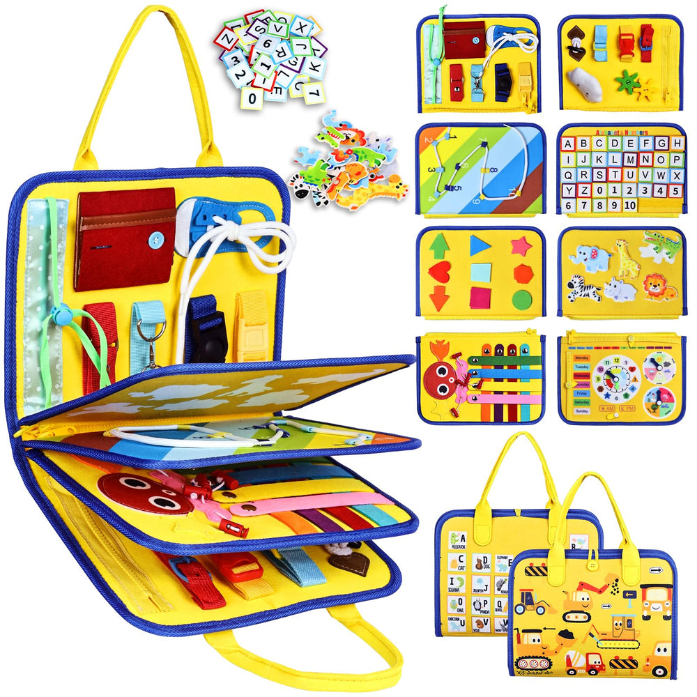 Esjay Busy Board 8 pages engages toddlers with varied activities for focus and fine motor practice