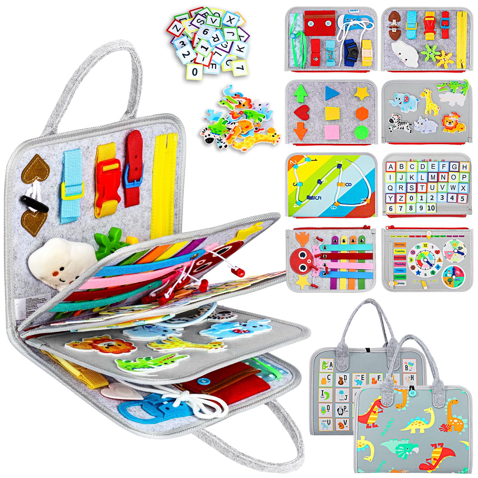 Esjay busy board with dinosaur cover supports fine motor skills during travel.