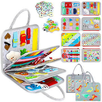 Esjay busy board with dinosaur cover supports fine motor skills during travel.