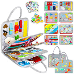 Esjay busy board with dinosaur cover supports fine motor skills during travel.