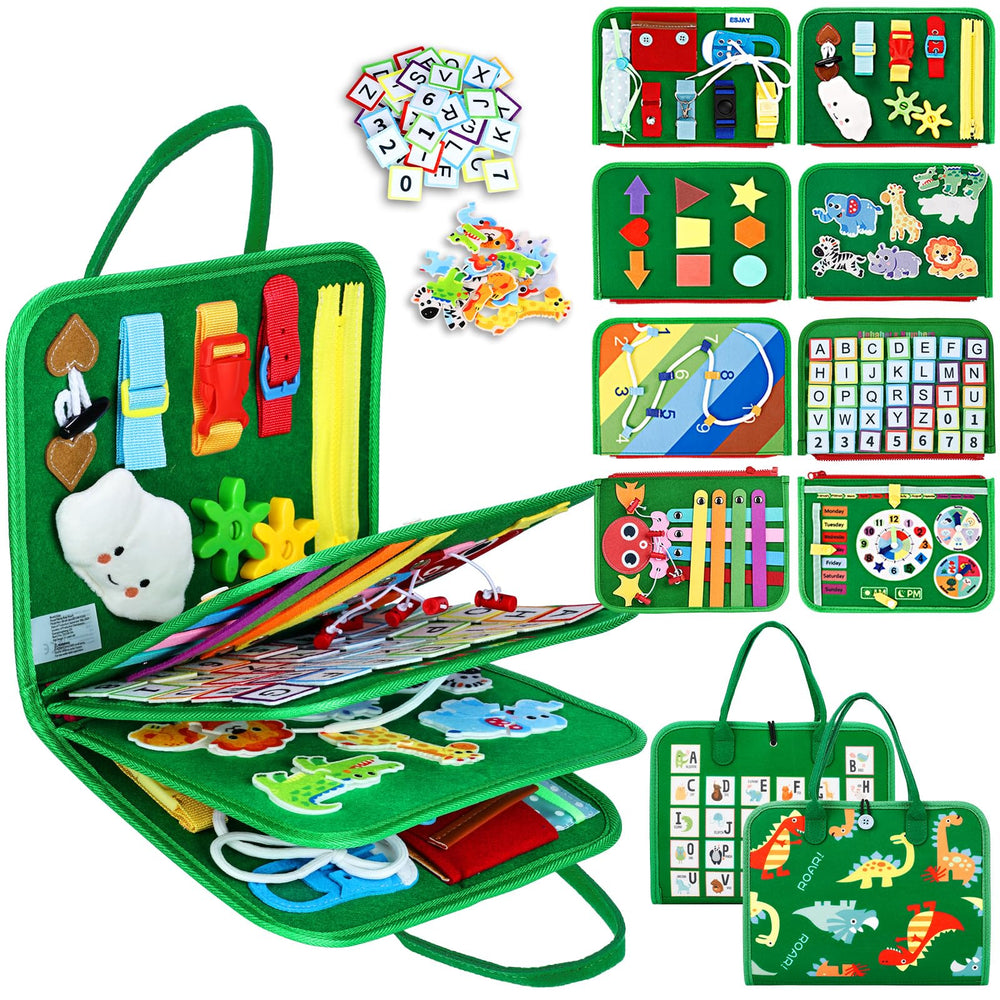 Esjay toddler busy board with dinosaur-pattern cover for engaging playtime
