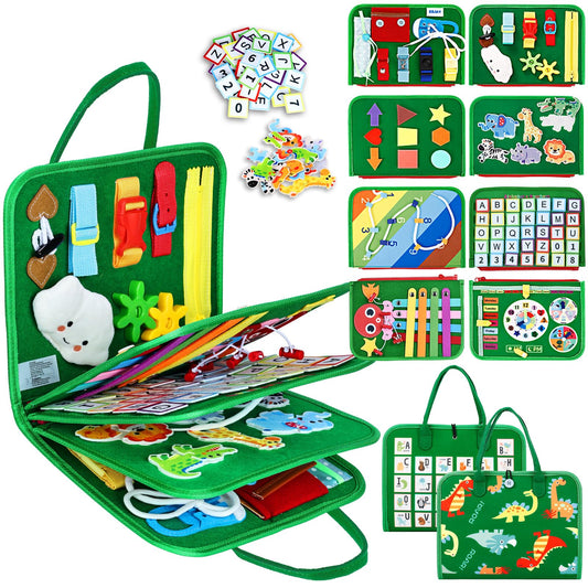Esjay toddler busy board with dinosaur-pattern cover for engaging playtime